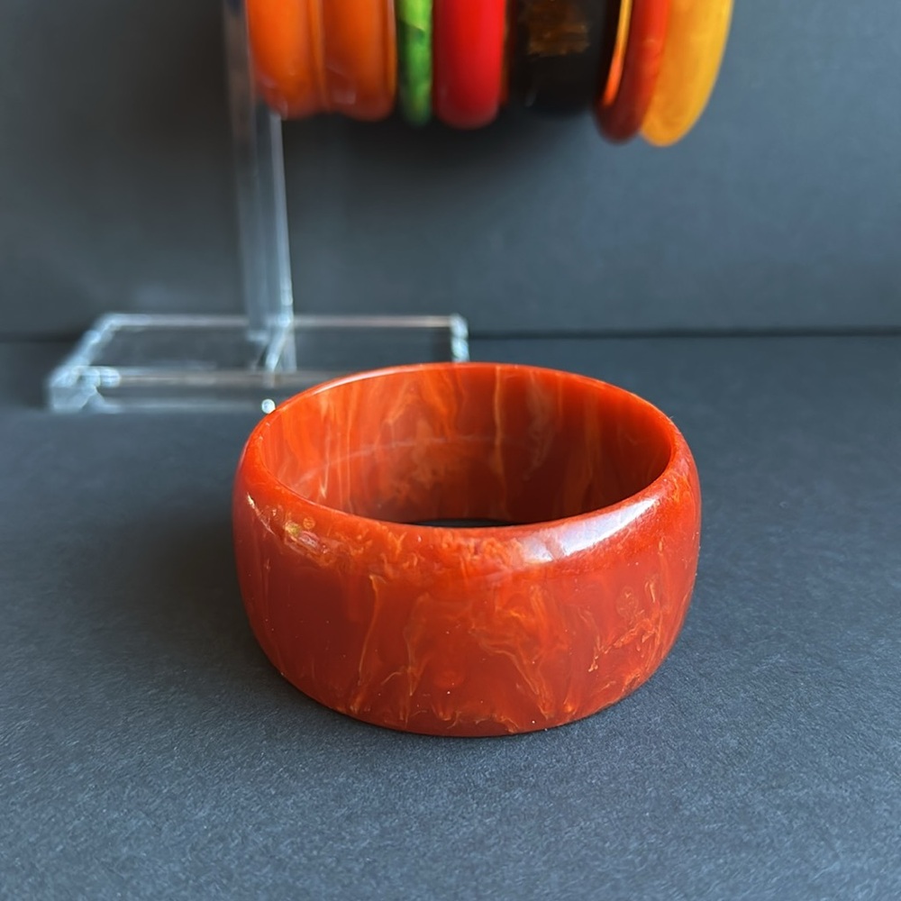 BAKELITE Vintage Bangle Bracelet Thick Chunky Marbled Paprika Orange TESTED